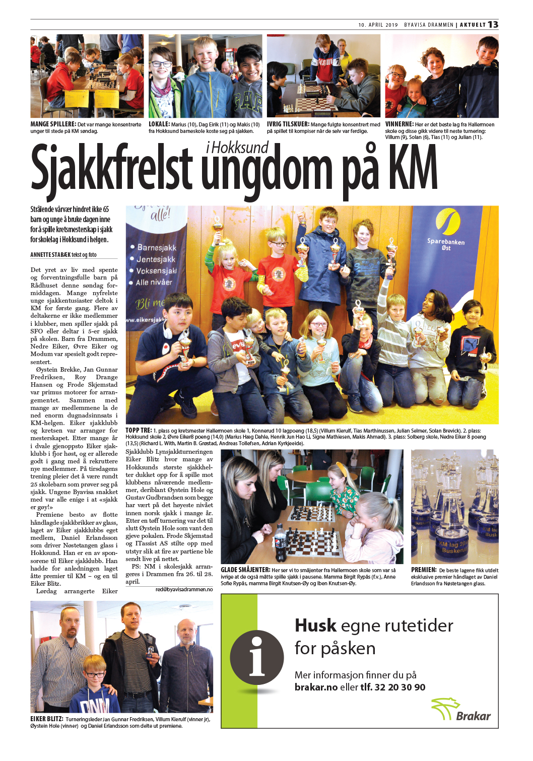 KM Skolelag Hokksund - Omtale Byavisa side 13 April 2019